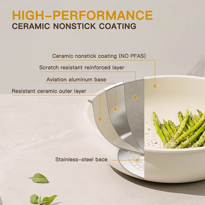 21 Piece Pots and Pans Set Non-Stick, Ceramic Cookware Set with Sensor Handles, Milky white