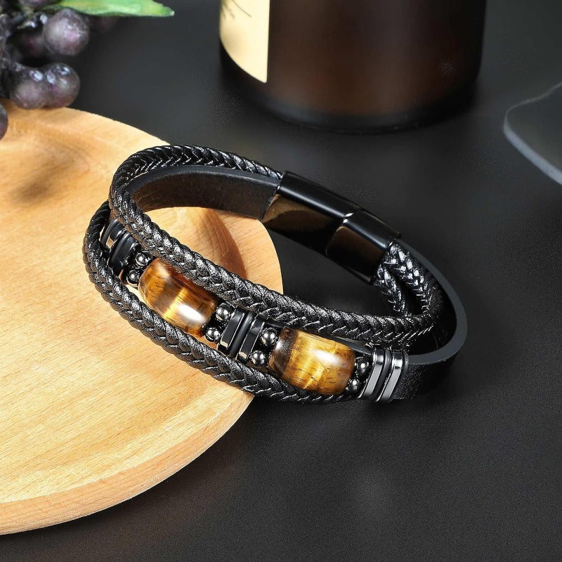 Adjustable Tiger Eye and Black Faux Leather Bracelet - Vintage Style