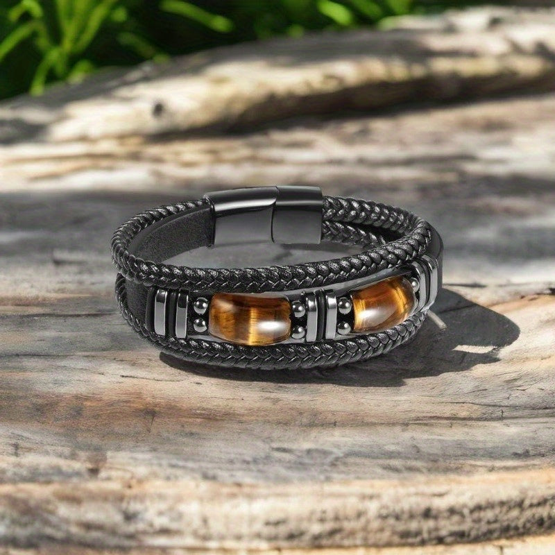 Adjustable Tiger Eye and Black Faux Leather Bracelet - Vintage Style