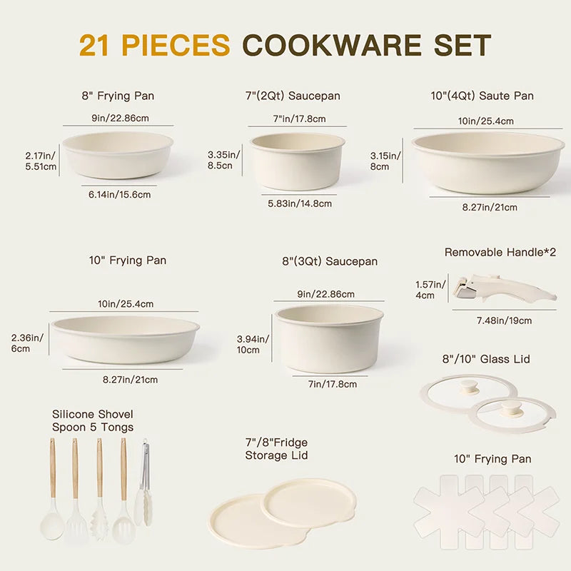 21 Piece Pots and Pans Set Non-Stick,  Ceramic Cookware Set with Sensor Handles, Milky white
