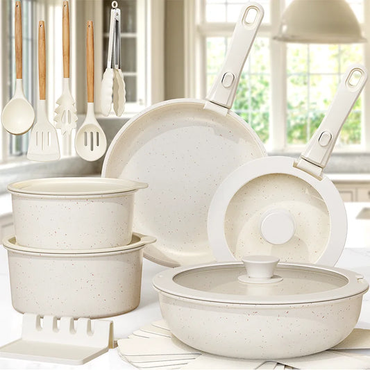21 Piece Pots and Pans Set Non-Stick,  Ceramic Cookware Set with Sensor Handles, Milky white