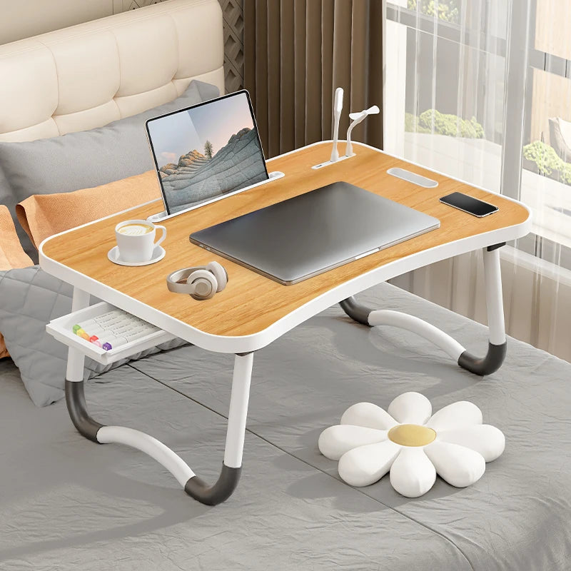 Portable Laptop Desk with USB Light, Small Fan, Cup Holder, Tablet Slot