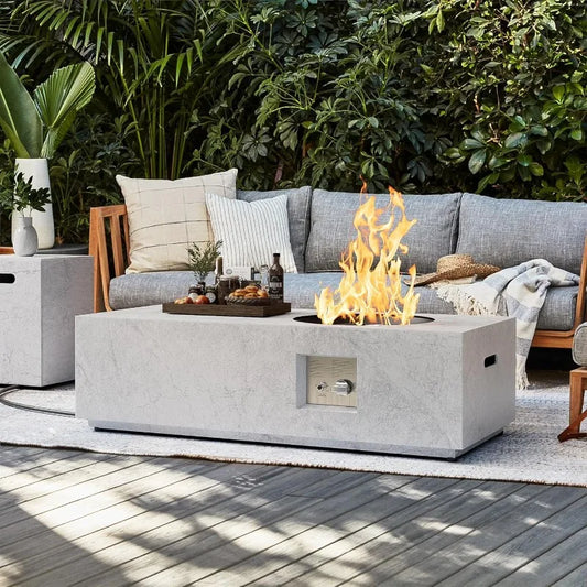48" Stone-Look Propane Fire Pit with Round Burner – 50,000 BTU Fire Pit Table with Lid, Rocks