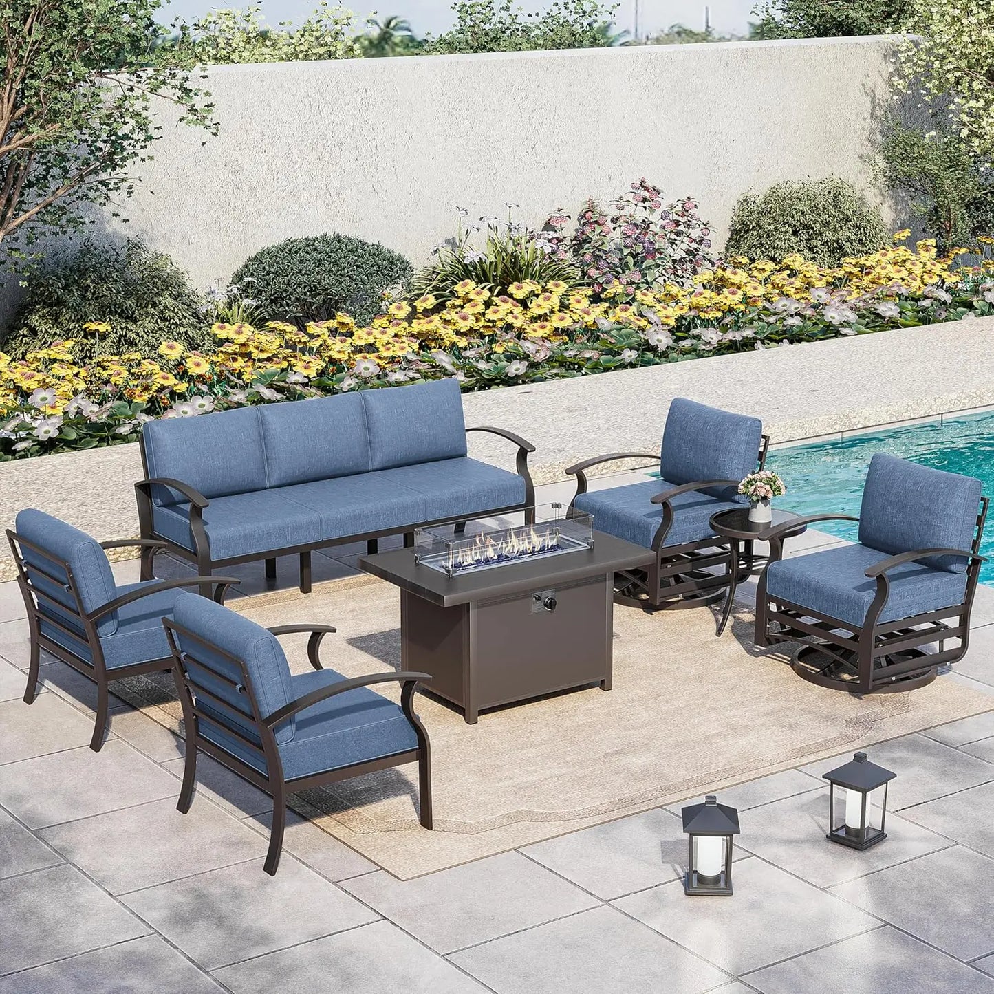 7-Seat Modern Metal Outdoor Sets w/45in Propane Fire Pit Table, Swivel Rocking Chairs