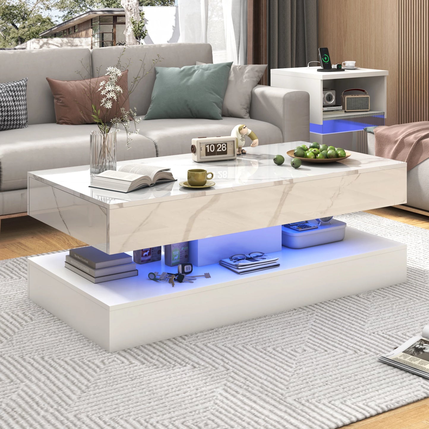 Modern Stylish Coffee Table with LED lights, with two drawers
