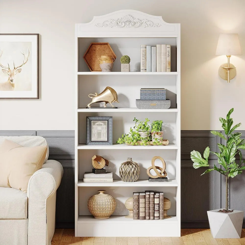 73 Inch Tall Bookcase, Modern 5-Shelf White