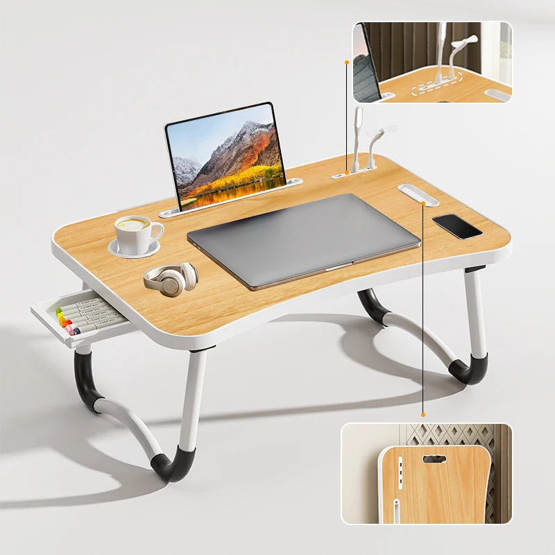 Portable Laptop Desk with USB Light, Small Fan, Cup Holder, Tablet Slot