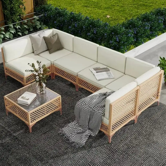 7 Piece Outdoor Patio set with Glass Table and Cushions