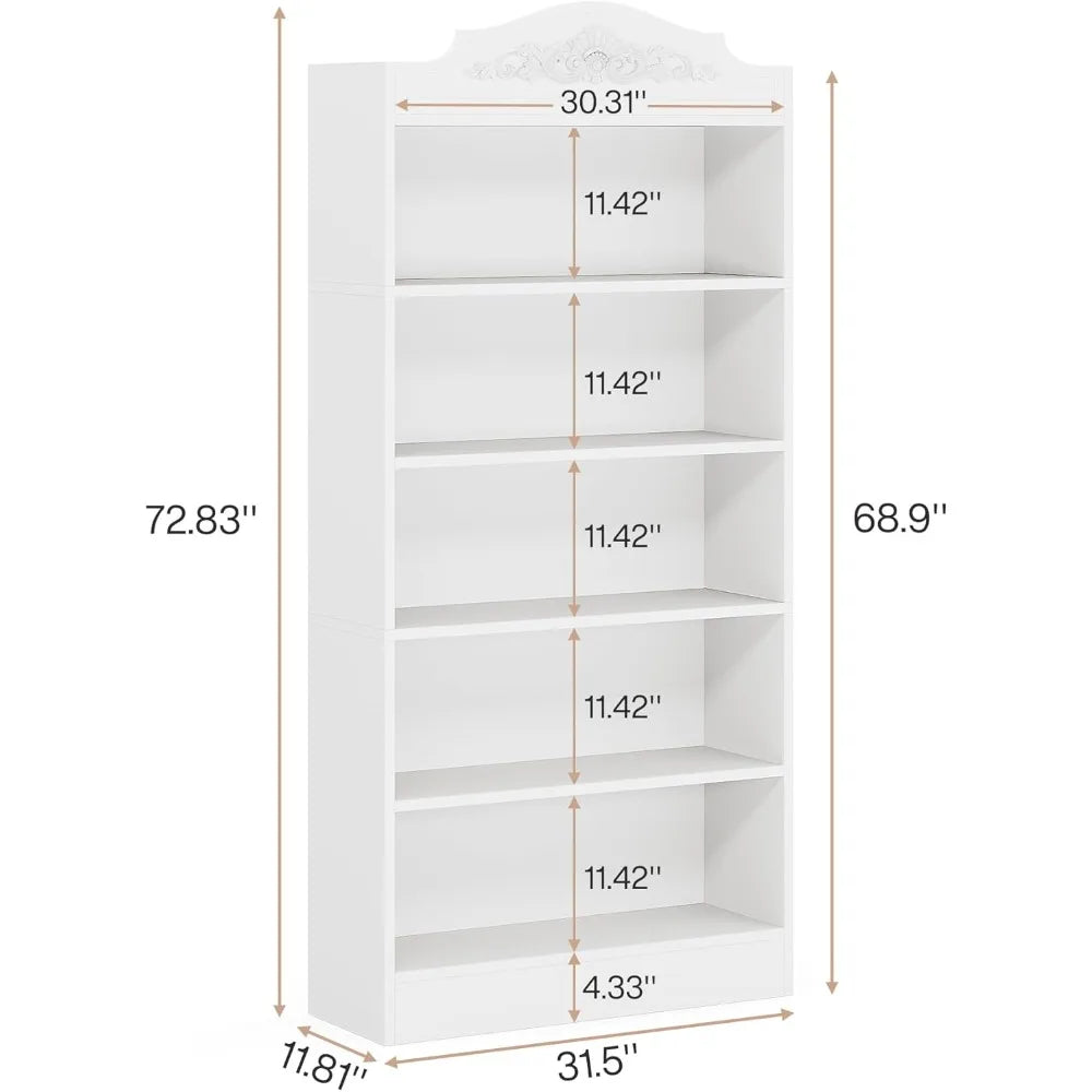 73 Inch Tall Bookcase, Modern 5-Shelf White