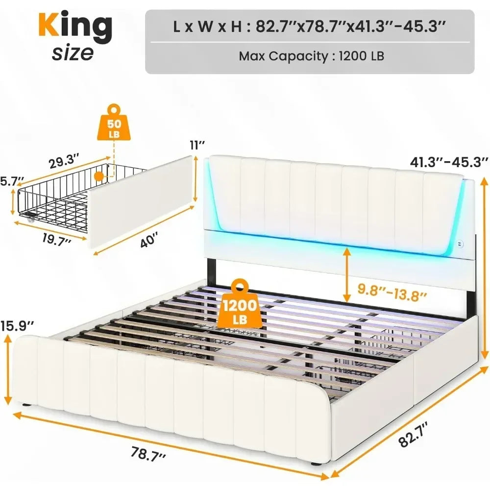 Full Size Bed Frame with Headboard and 4 Storage Drawers