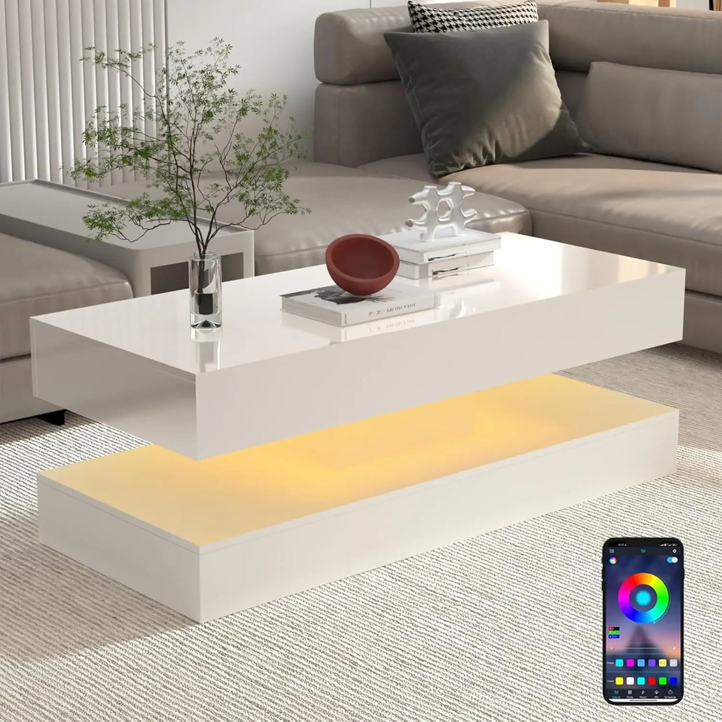 Modern Stylish Coffee Table with LED lights, with two drawers