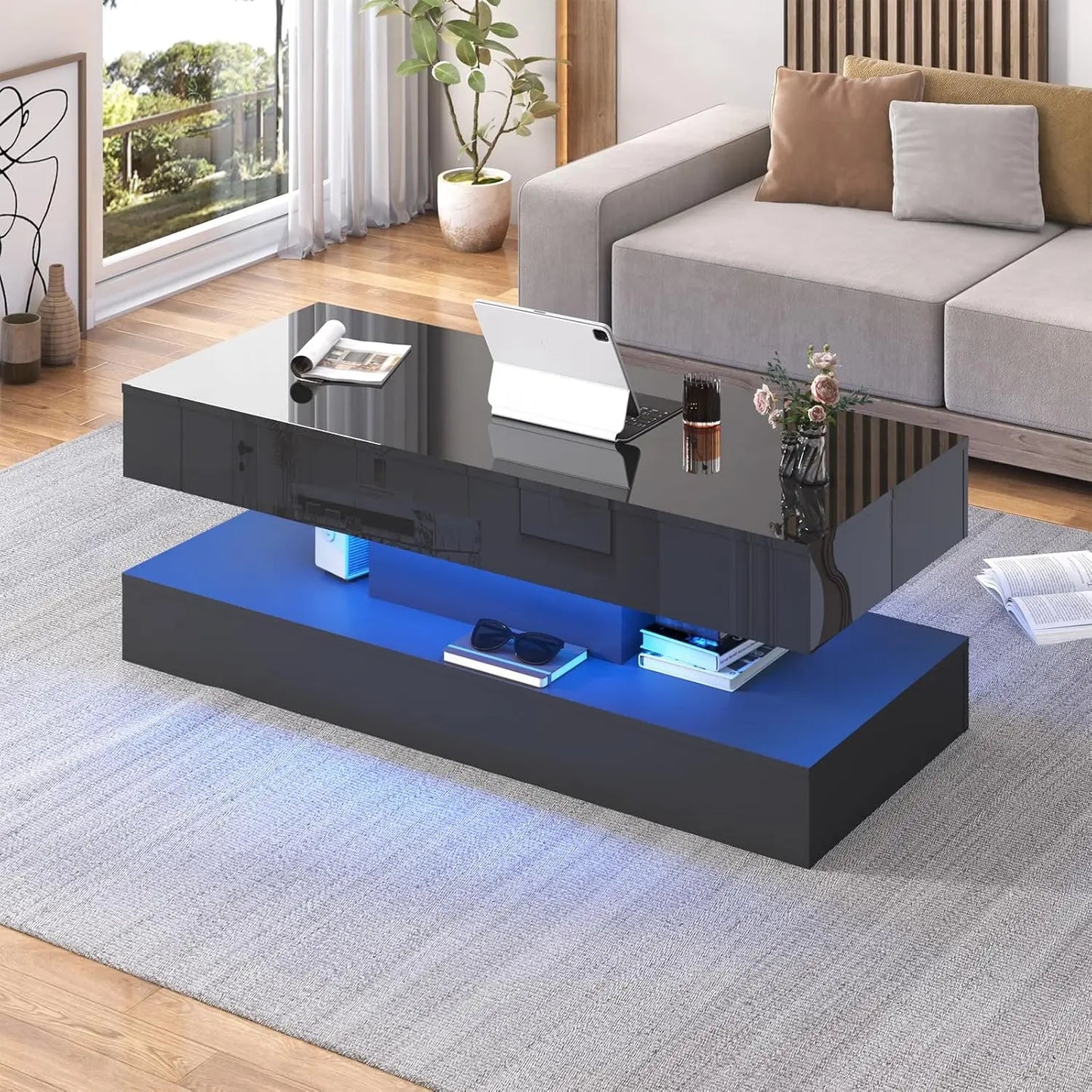 Modern Stylish Coffee Table with LED lights, with two drawers