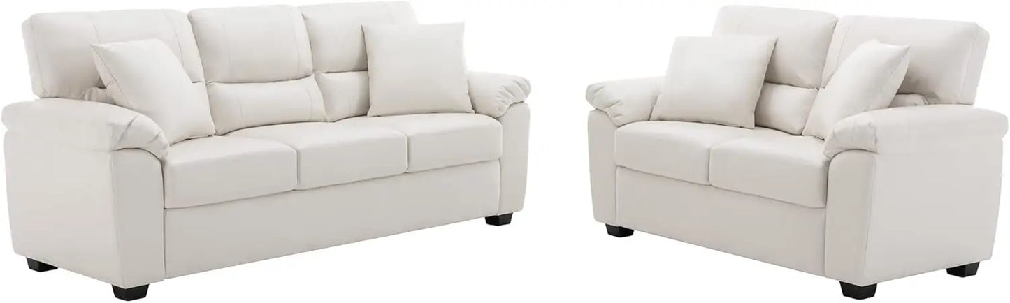 White Leather Love seat and Sofa Set Modern Luxury