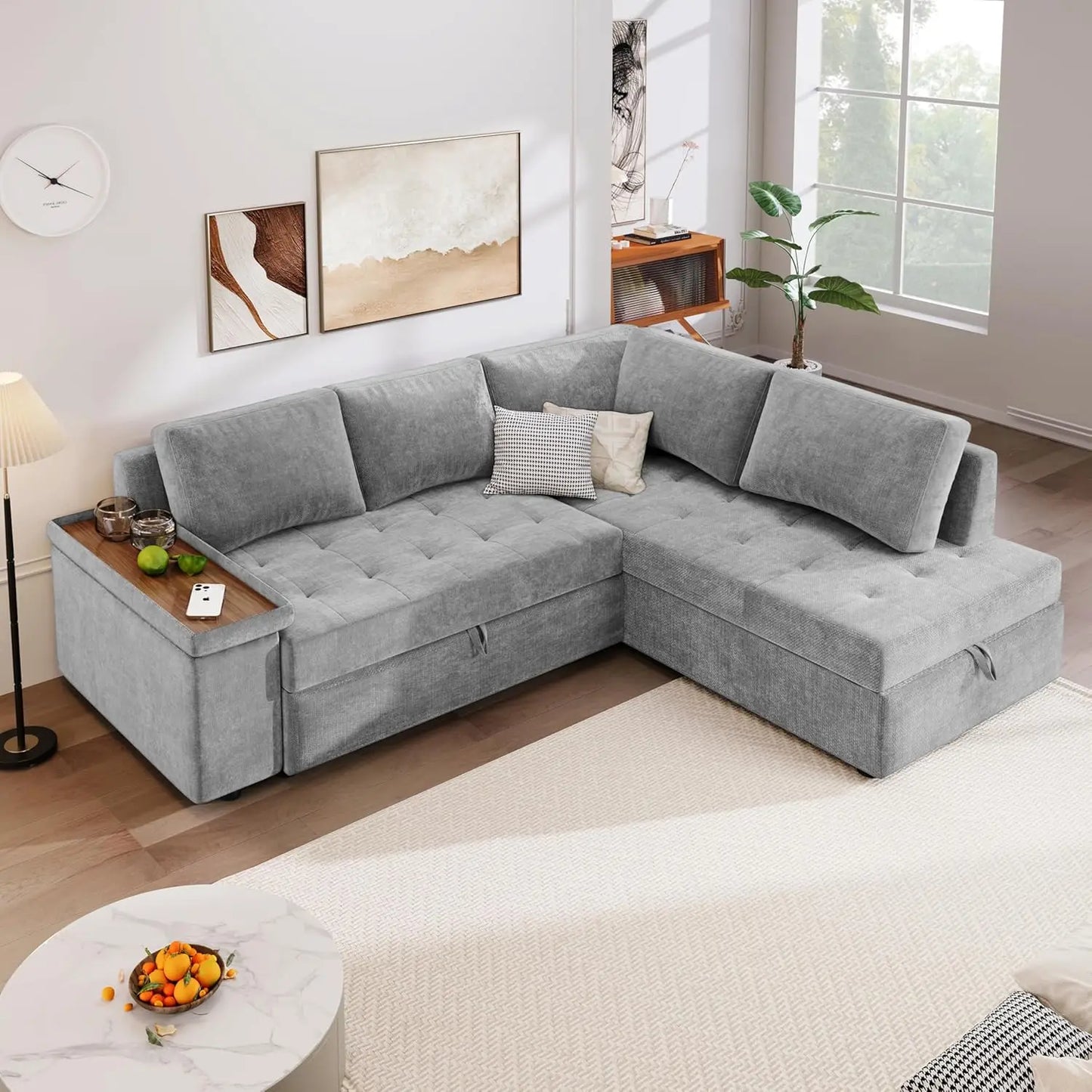 Modern 91.5-Inch L Shaped Sectional, Pull-Out Sofa Bed Sleeper