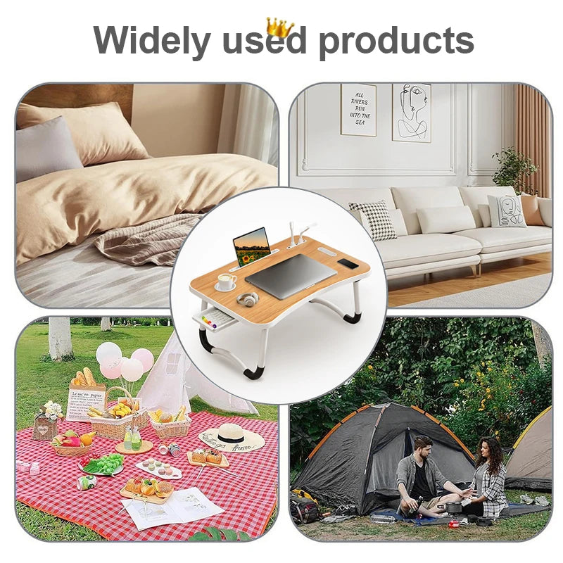 Portable Laptop Desk with USB Light, Small Fan, Cup Holder, Tablet Slot