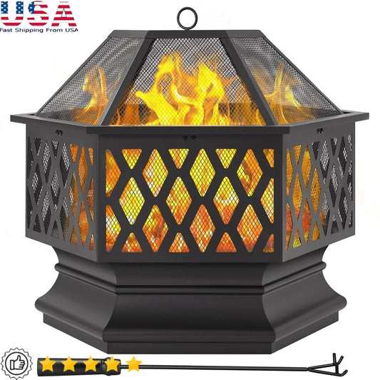 26 Inch Hex-Shaped Steel Fire Pit Wood Burning Fireplace with Spark Screen