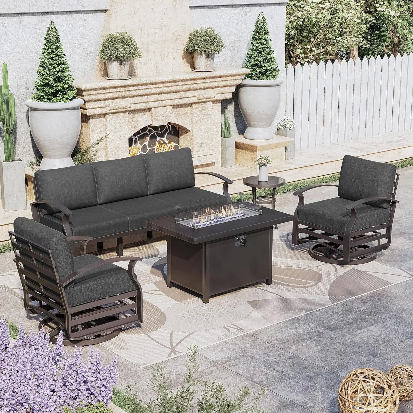 7-Seat Modern Metal Outdoor Sets w/45in Propane Fire Pit Table, Swivel Rocking Chairs