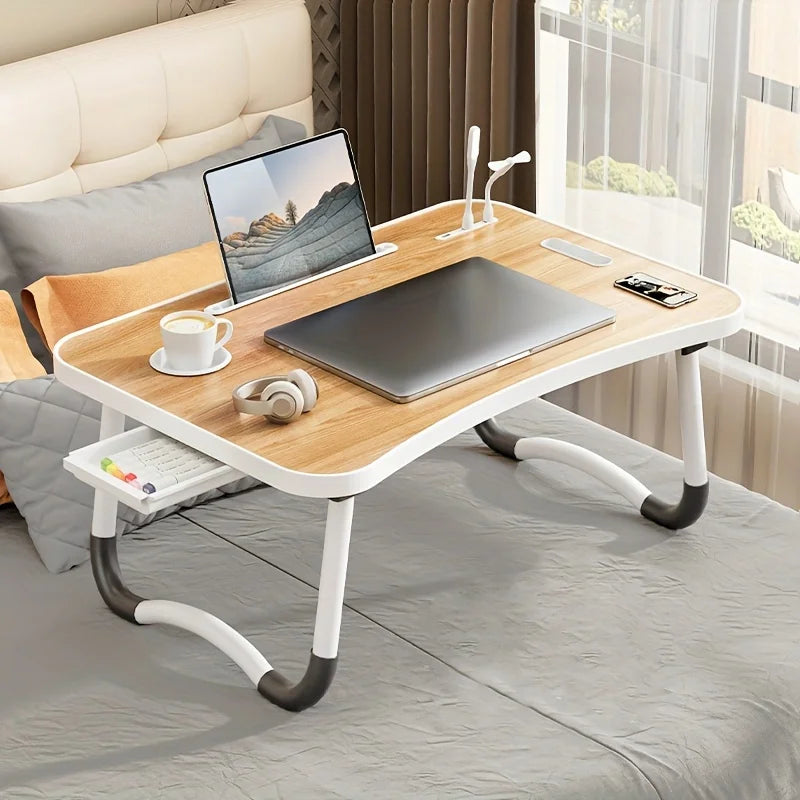 Portable Laptop Desk with USB Light, Small Fan, Cup Holder, Tablet Slot