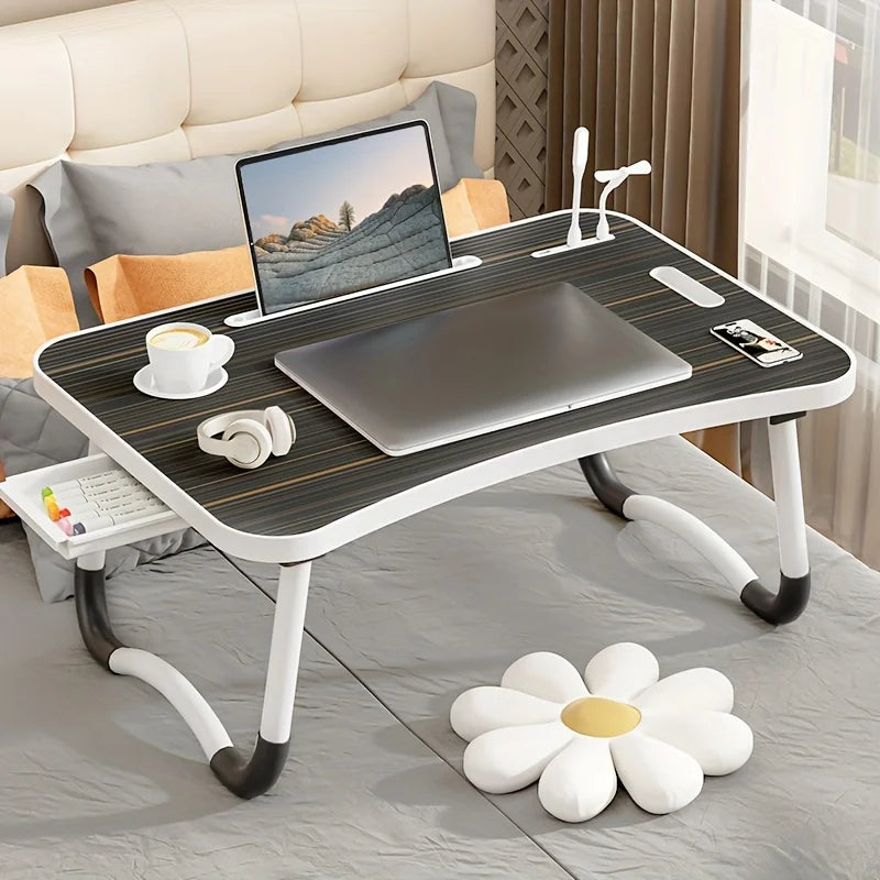 Portable Laptop Desk with USB Light, Small Fan, Cup Holder, Tablet Slot