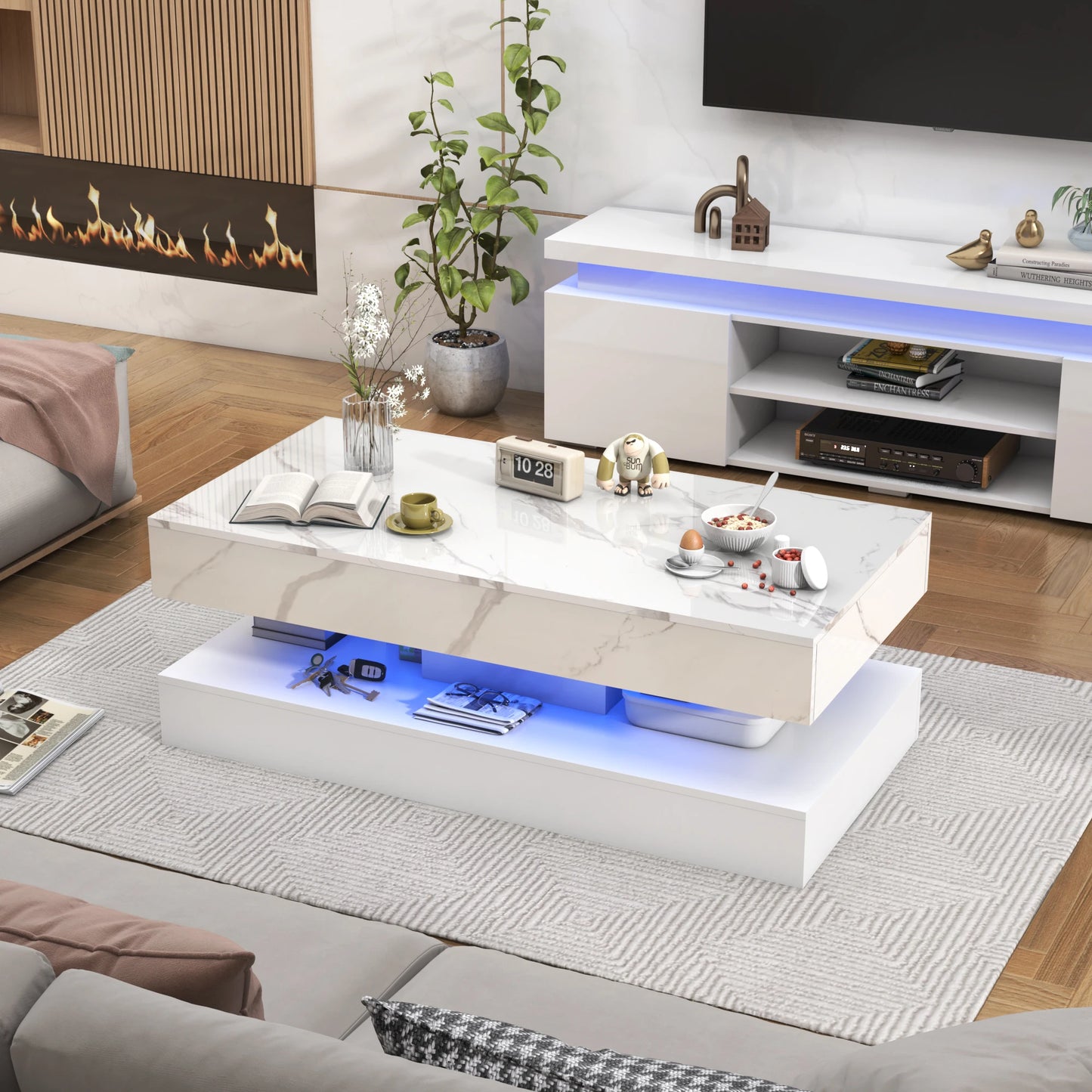 Modern Stylish Coffee Table with LED lights, with two drawers