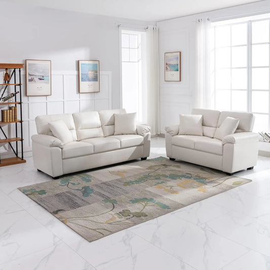 White Leather Love seat and Sofa Set Modern Luxury