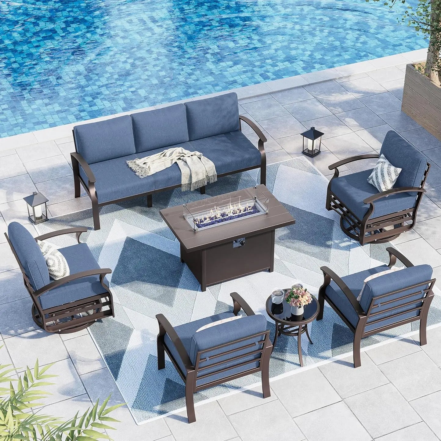 7-Seat Modern Metal Outdoor Sets w/45in Propane Fire Pit Table, Swivel Rocking Chairs