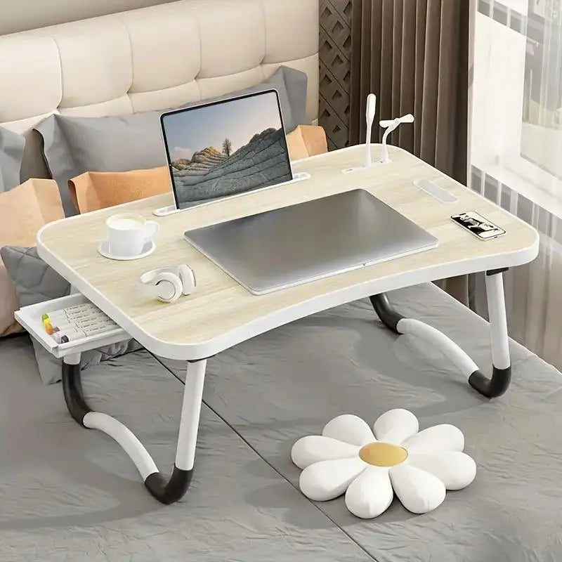 Portable Laptop Desk with USB Light, Small Fan, Cup Holder, Tablet Slot