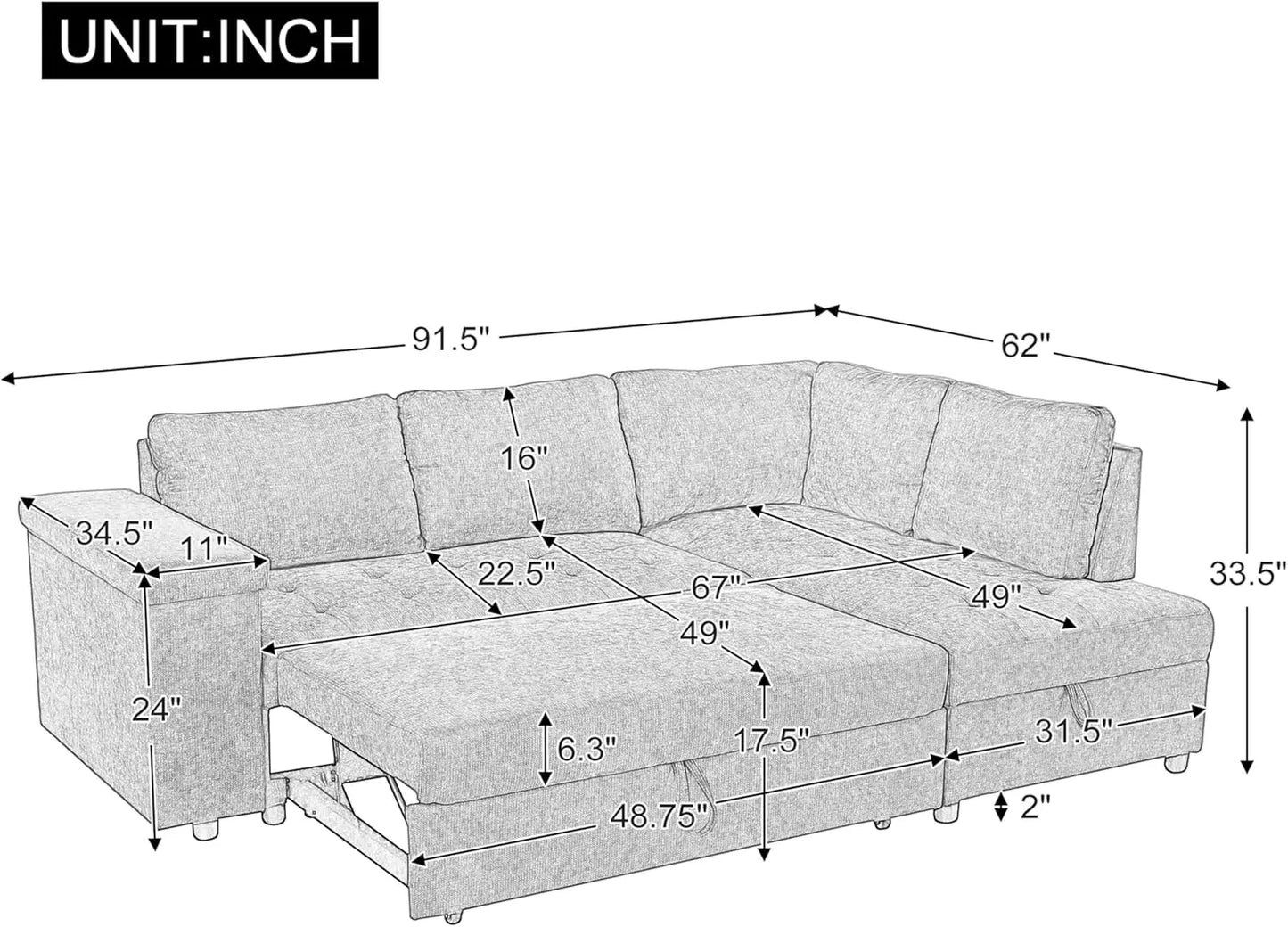 Modern 91.5-Inch L Shaped Sectional, Pull-Out Sofa Bed Sleeper