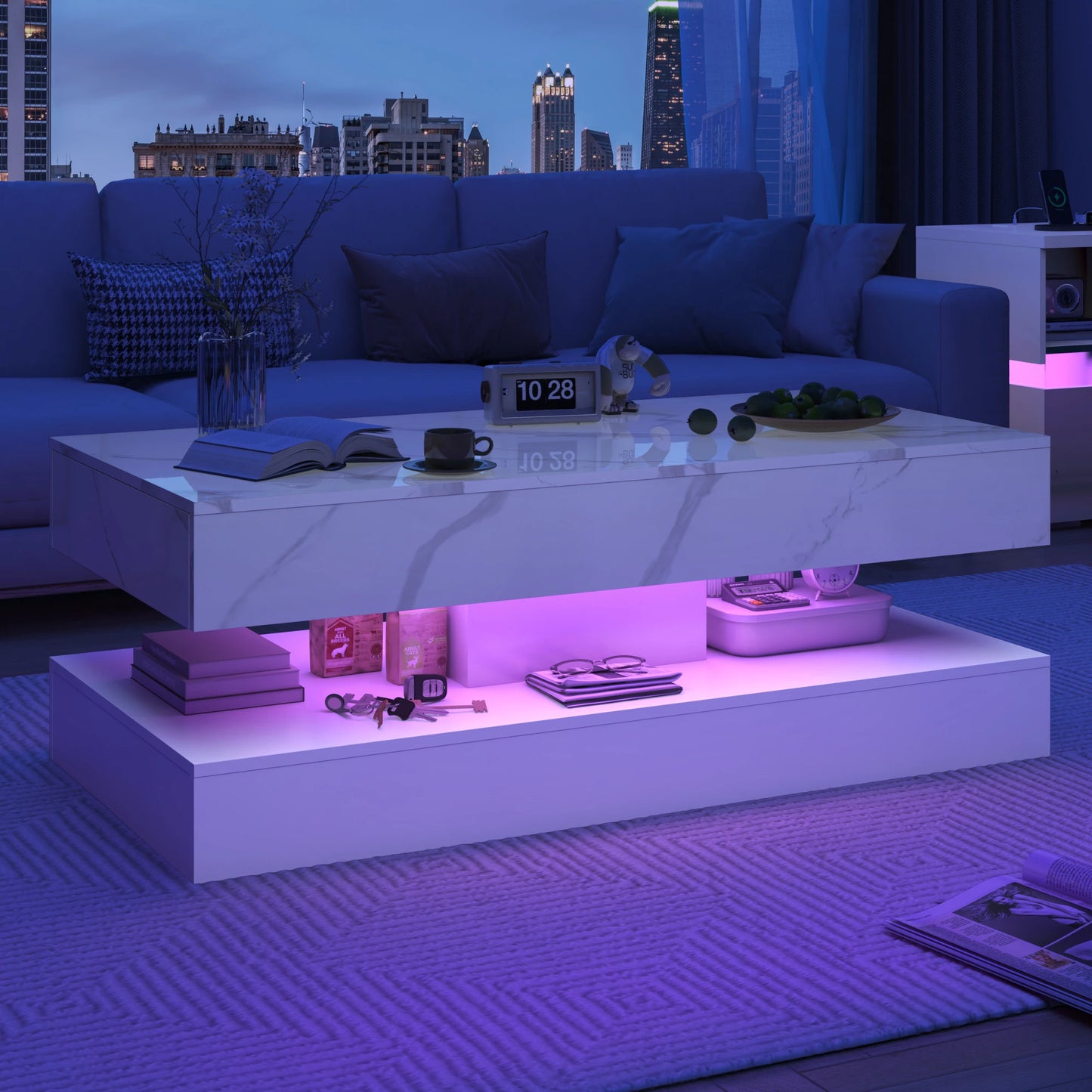 Modern Stylish Coffee Table with LED lights, with two drawers