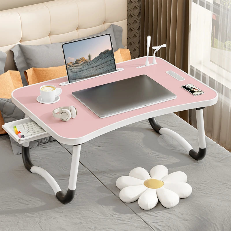 Portable Laptop Desk with USB Light, Small Fan, Cup Holder, Tablet Slot