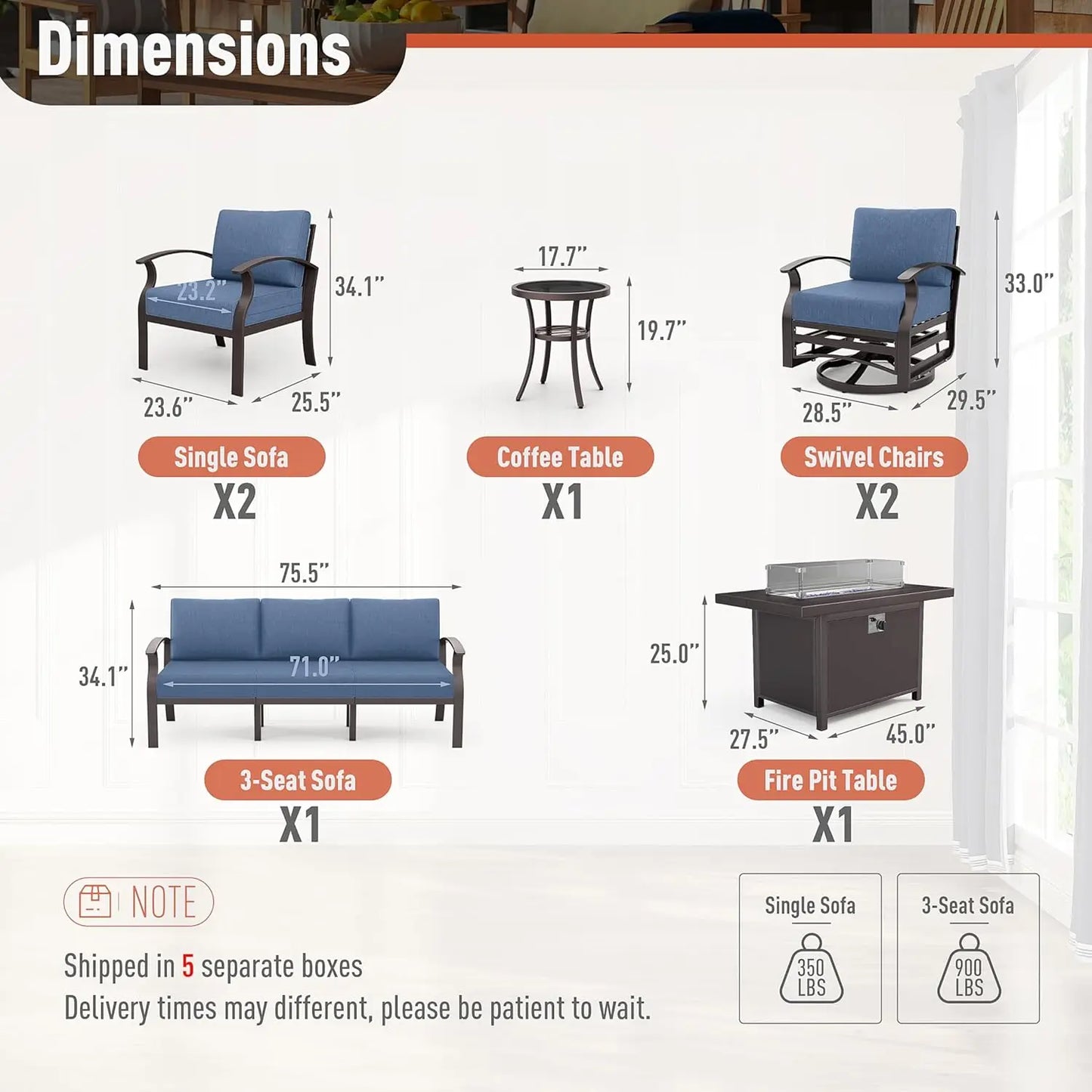 7-Seat Modern Metal Outdoor Sets w/45in Propane Fire Pit Table, Swivel Rocking Chairs