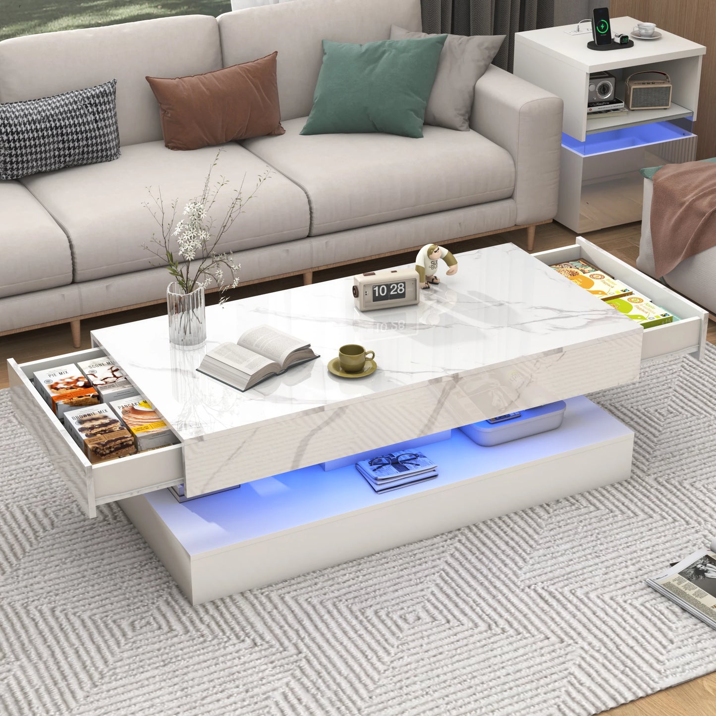 Modern Stylish Coffee Table with LED lights, with two drawers