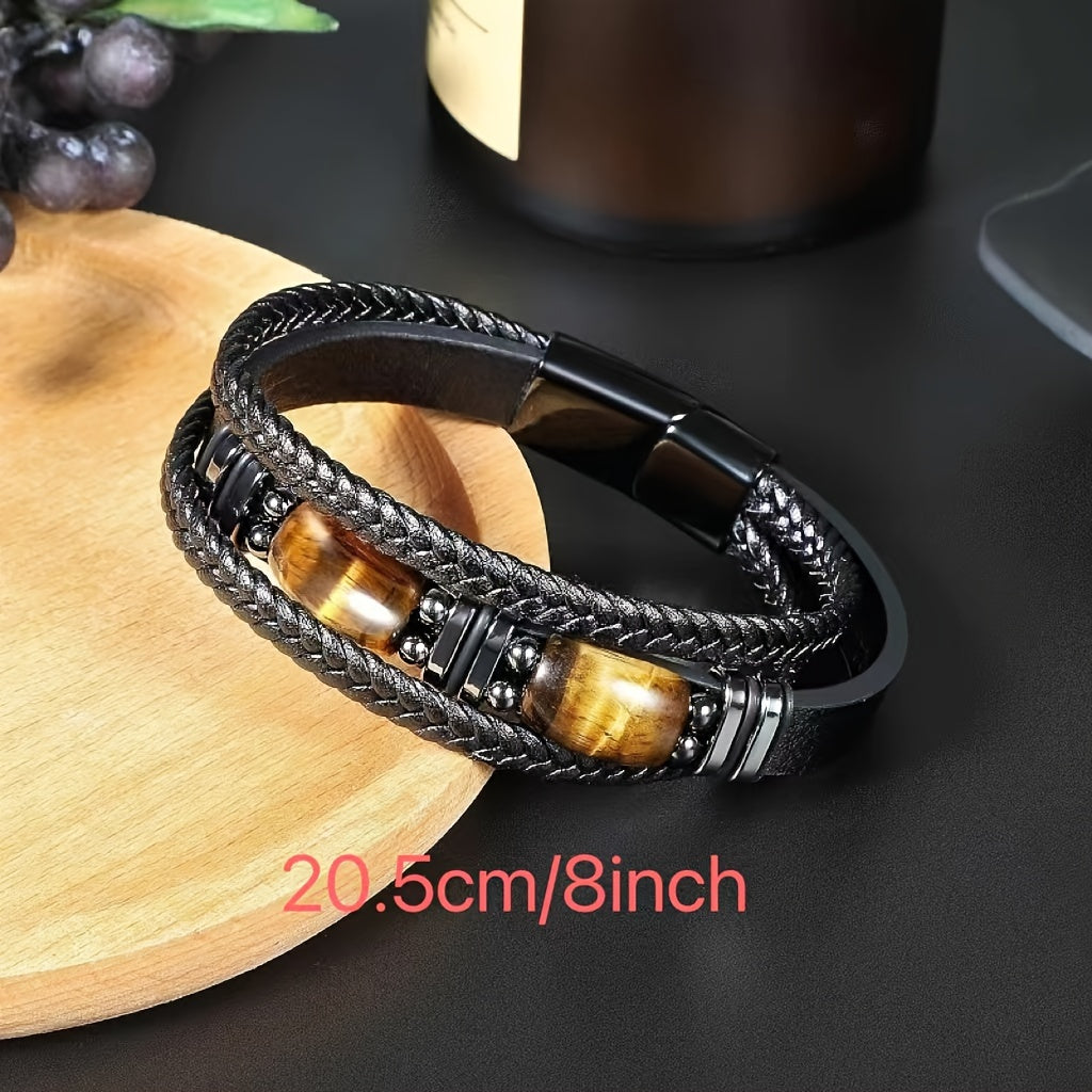 Adjustable Tiger Eye and Black Faux Leather Bracelet - Vintage Style